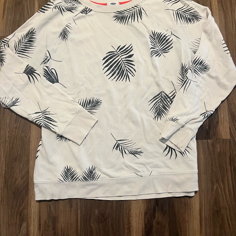 Old Navy White Crewneck Sweater with Black Leaf Print